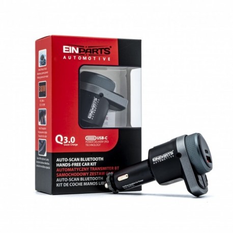 FM Bluetooth adóvevő EinParts EPBTT01 PD QC 3.0 és AUX csatlakozóval